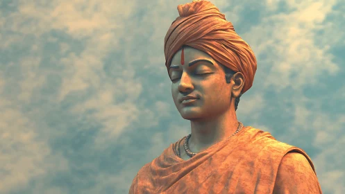 Peaceful meditative statue under a soft, dreamlike sky.