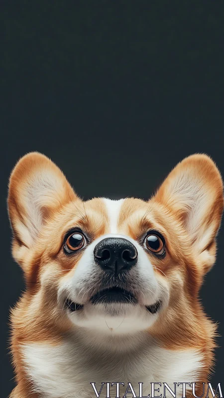 Expressive corgi portrait under moody studio lighting.