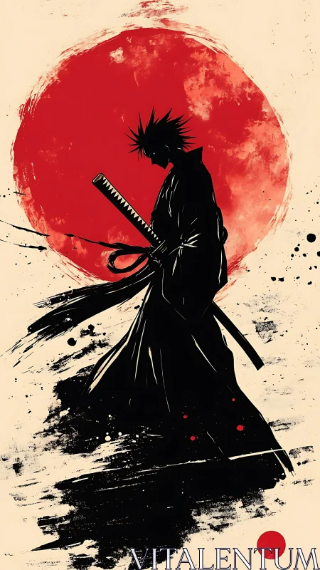 Samurai silhouette before blood red rising sun.