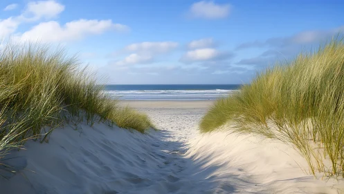 Sand path cuts through beach dunes toward distant shoreline.