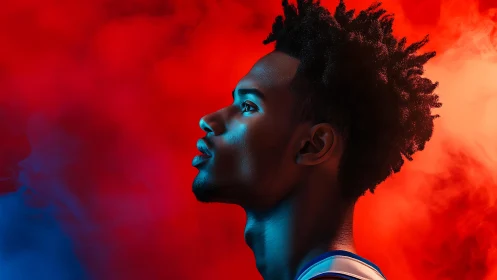 Profile portrait in red and blue atmospheric lighting.