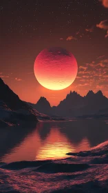 Crimson alien moonrise over reflective glacial canyon lake.