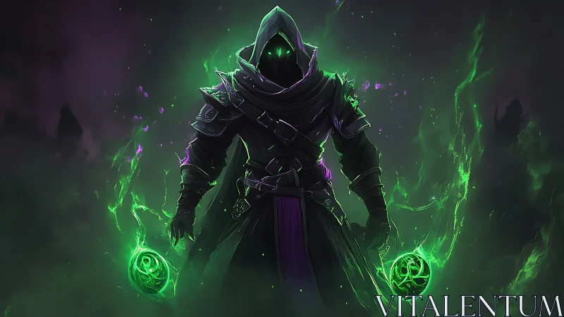 Hooded void warlock wielding twin emerald storm spheres.
