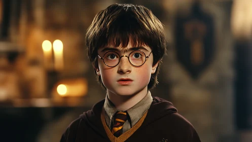 Young wizard boy stands in candlelit stone hall portrait.