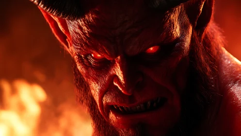 Intense demonic face closeup with glowing eyes in fire