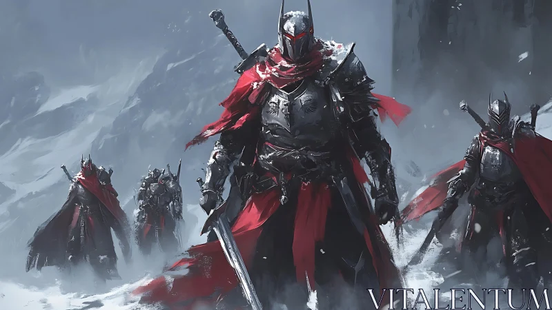 Armored vanguard in crimson cloaks crossing glacial battlefield.
