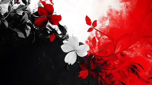 Abstract Red Blooms Split Composition Black White Contrast
