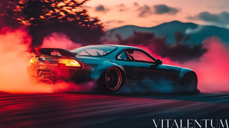 Midnight drift machine carves neon smoke across twilight