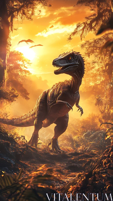 Sunfire raptor stalking a molten-gold Jurassic jungle.