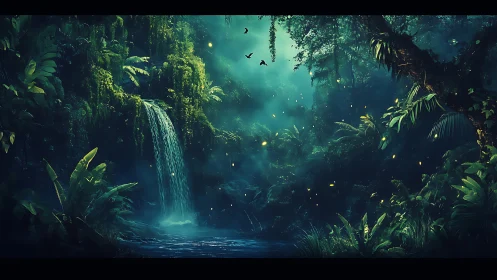 Bioluminescent Jungle Waterfall in Mystical Darkness