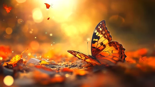 Orange butterfly on autumn ground under strong backlight.