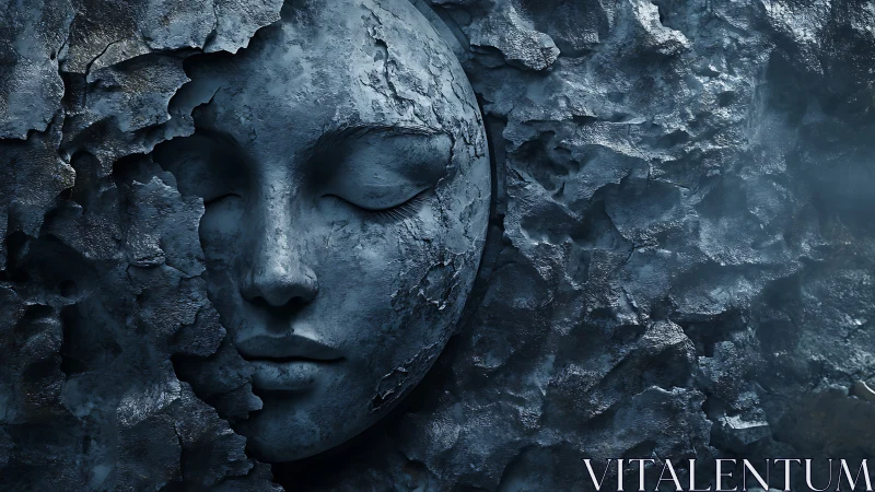 Textured stone face relief emerging from fractured wall.