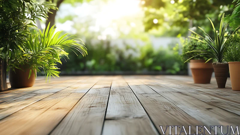 Sunlit timber deck with potted foliage in shallow focus.
