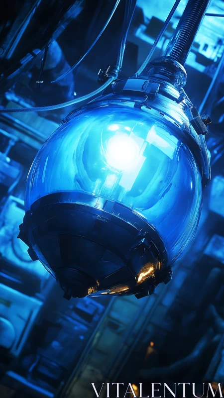 Futuristic blue energy core suspended in industrial frame.