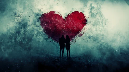 Two Figures Beneath Red Heart in Turquoise Mist.