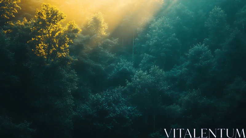 Dense forest canopy aerial view with golden hour backlighting and atmospheric perspective