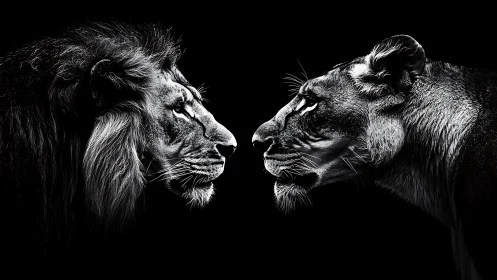 Male Lion and Lioness Profile Study: High-Contrast Monochromatic Portrait.