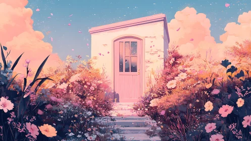Small pastel house with central door in dense flower garden.