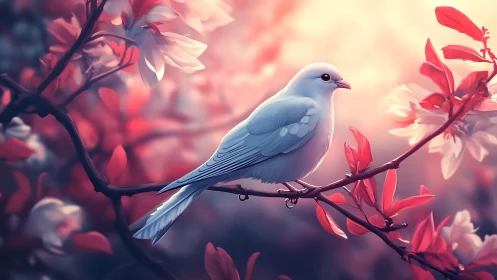 White Bird Resting on Flowering Branch at Sunset.