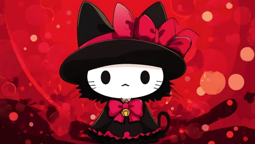 Cartoon cat in black witch outfit on red bokeh backdrop.