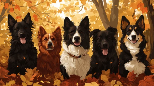 Five smiling dogs sit in glowing autumn forest leaves