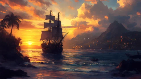 Sunlit galleon glides toward a misty tropical harbor at dusk.