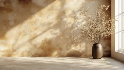 Dried branch arrangement beside sunlit textured wall.