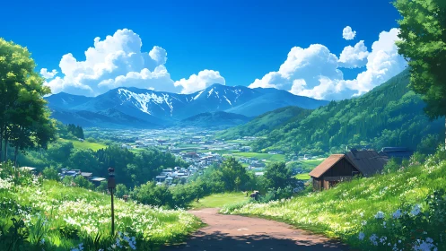 Sunny rural valley path opens toward distant alpine mountains