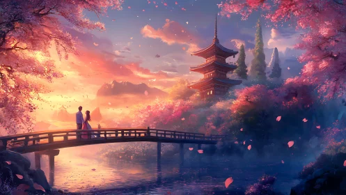 Sunset lovers stroll across a bridge in a dreamy sakura valley