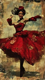 Female figure in red dress captured mid-rotational motion.