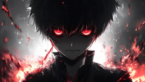 Dark eyed warrior quietly stands within swirling crimson fire