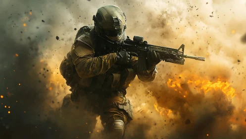 Storm of sparks around a focused futuristic soldier in motion.