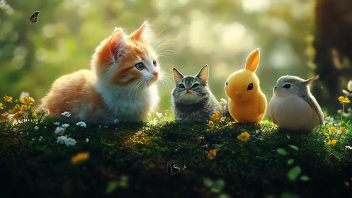 Whimsical Garden Gathering: Feline and Creature Ensemble in Sunlit Setting.