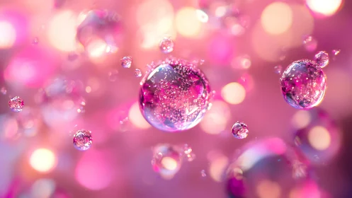 Glowing pink liquid bubbles float in a dreamy bokeh haze