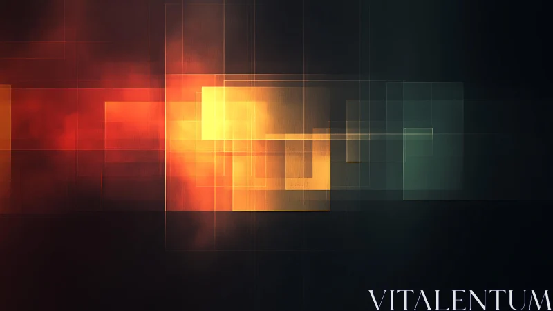 Abstract geometric digital art with glowing squares and dark tones.