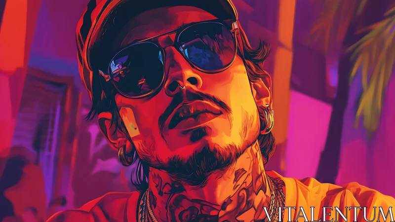 Neon portrait shows tattooed man in sunglasses under night lights