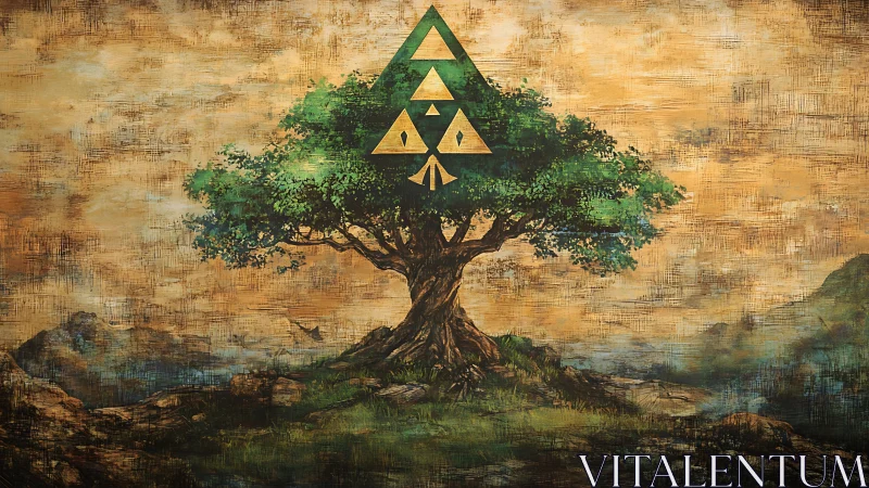 Mystic tree of triangles rises calmly over a painted valley