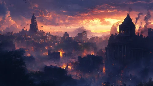 Burning ruined city skyline under dramatic sunset sky