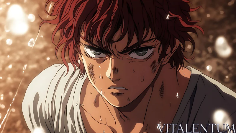 Intense anime fighter drenched in sweat under harsh light.