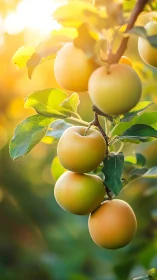 Sunlit yellow plums ripen on branch in warm morning orchard