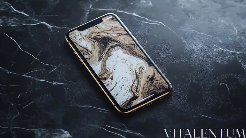 Smartphone with marble pattern display on dark stone surface.