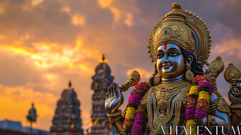Golden Hindu deity statue before temple spires at dusk.