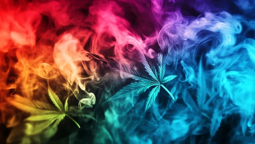 Colorful cannabis leaves in dense multicolored smoke.