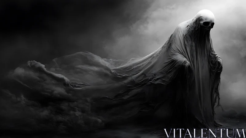 Shrouded skeletal wraith emerges from stormy shadow clouds.