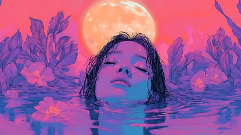 Luminous moonlit lagoon with neon-drenched serene bather.