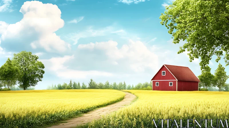 Photorealistic rural landscape with red barn and wheat field.