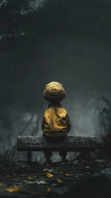 Solitary child in yellow raincoat under heavy nocturnal rainfall
