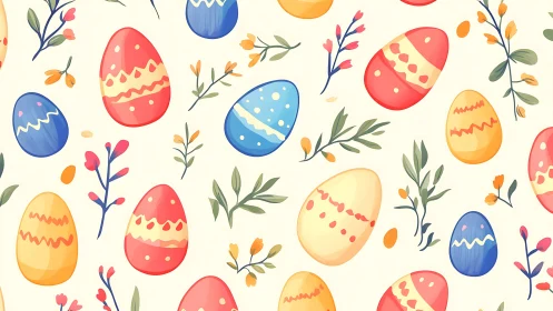 Easter eggs and floral branches form repeating seamless pattern
