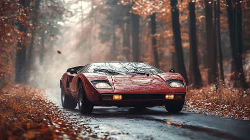 Classic red supercar cuts through misty autumn forest road
