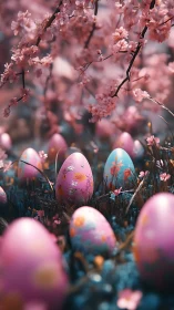 Floral pastel Easter eggs beneath blooming cherry branches.